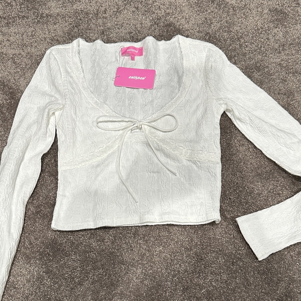 Edikted Cream Long Sleeve Tie-Front Blouse